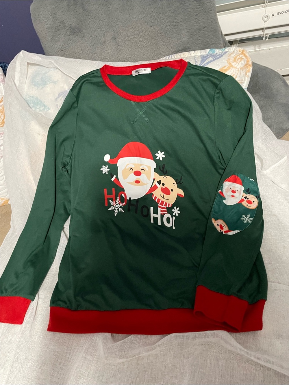 Green Santa & Reindeer Holiday Pajama Top - Red Trim